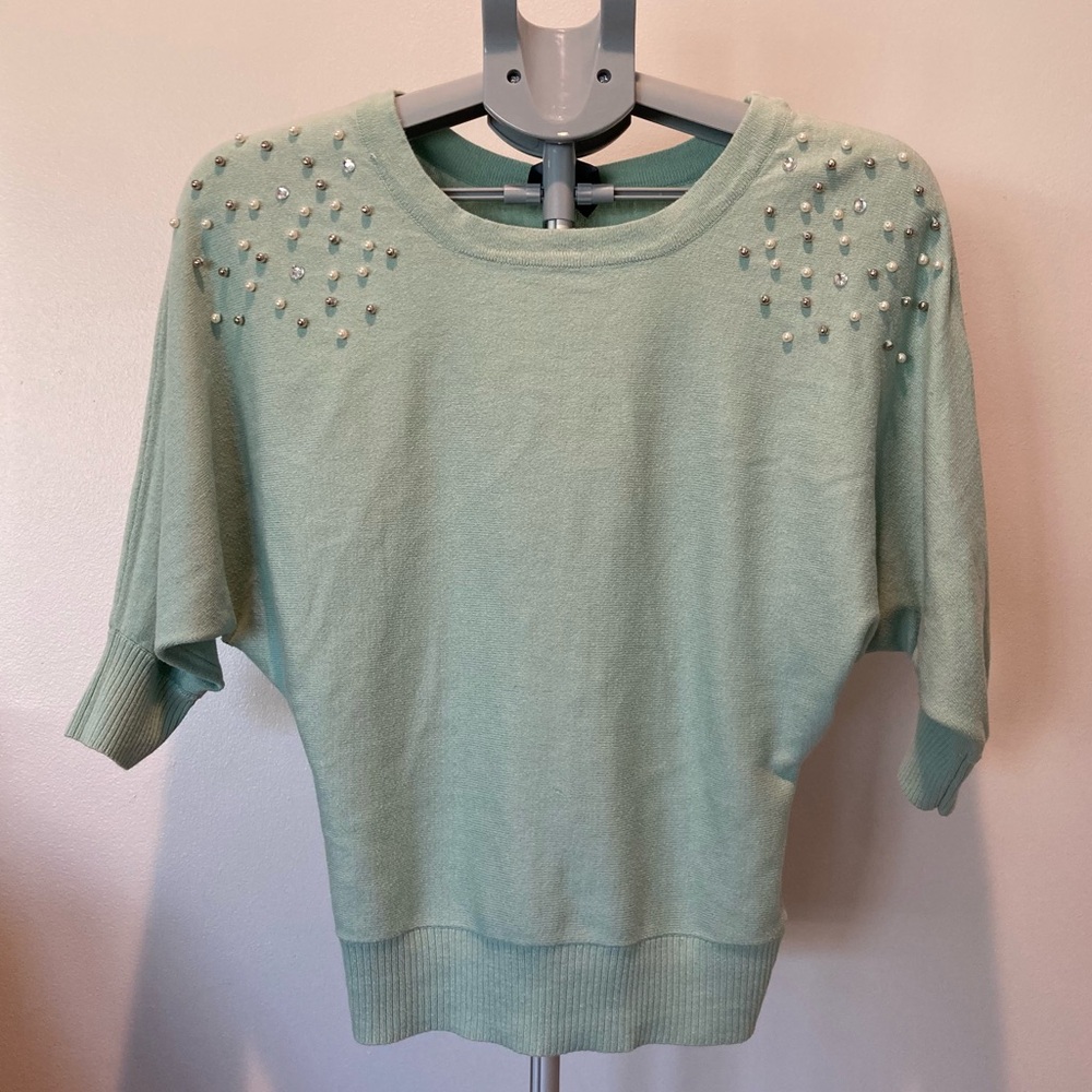 iZ Byer Light Baby Blue Batwing Blouse Pearl Rhinestone Bling Bedazzled Twee Fun